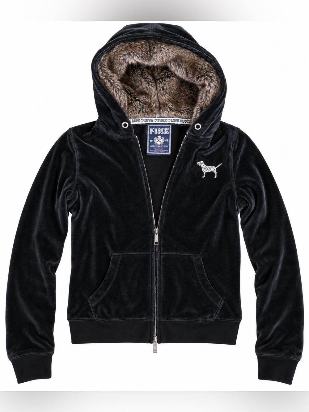 PINK Victoria's Secret Black Velvet Faux Fur Lined Hoodie with Dog Logo